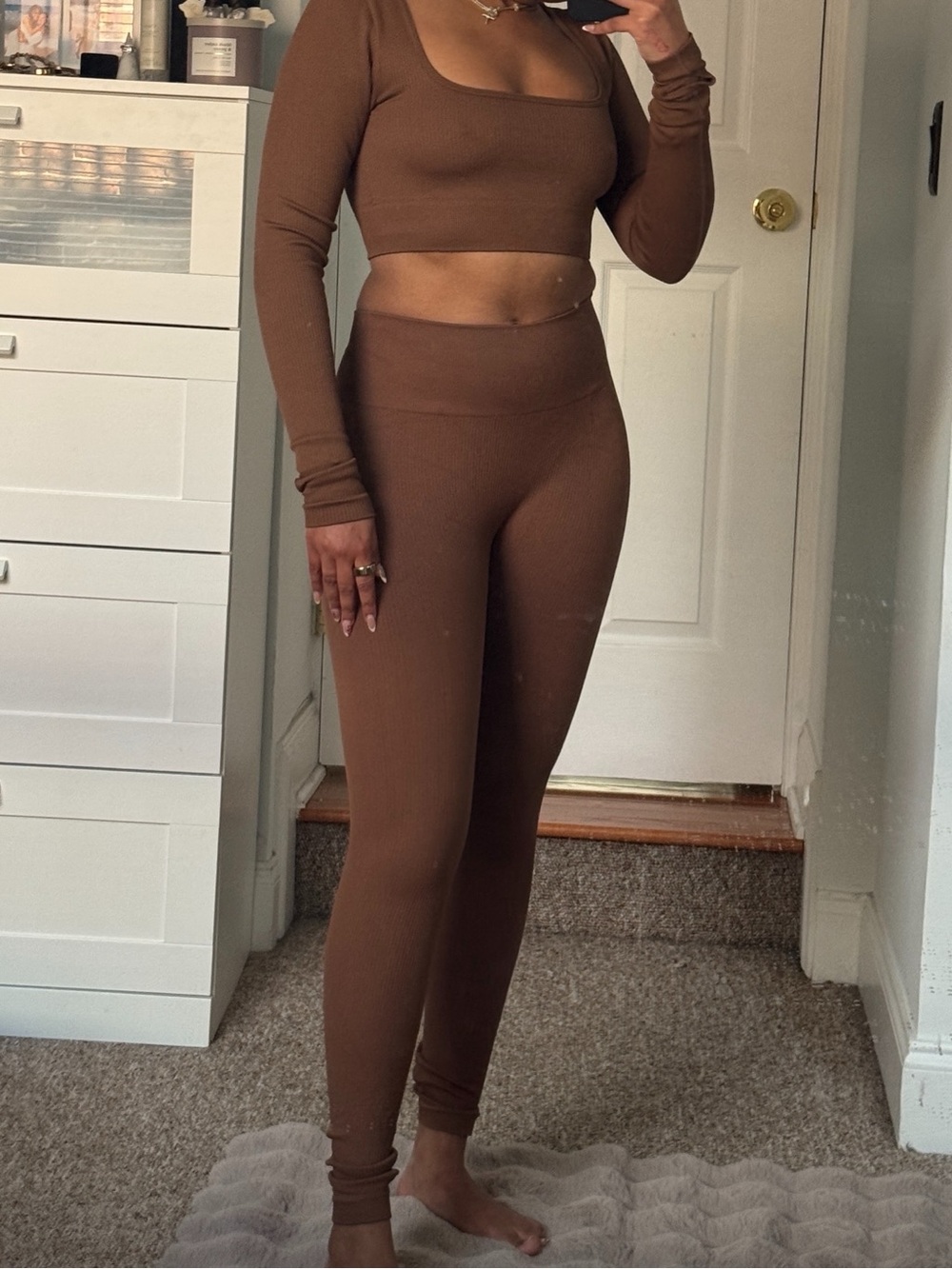 Amazon Brown Ribbed High-Waist Leggings